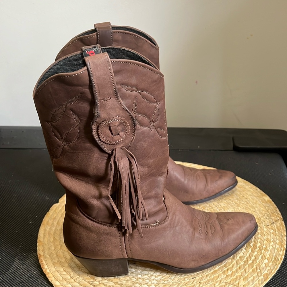 Laredo Nubtuck Leather Western Cowgirl Fringe Boots Size 8.5